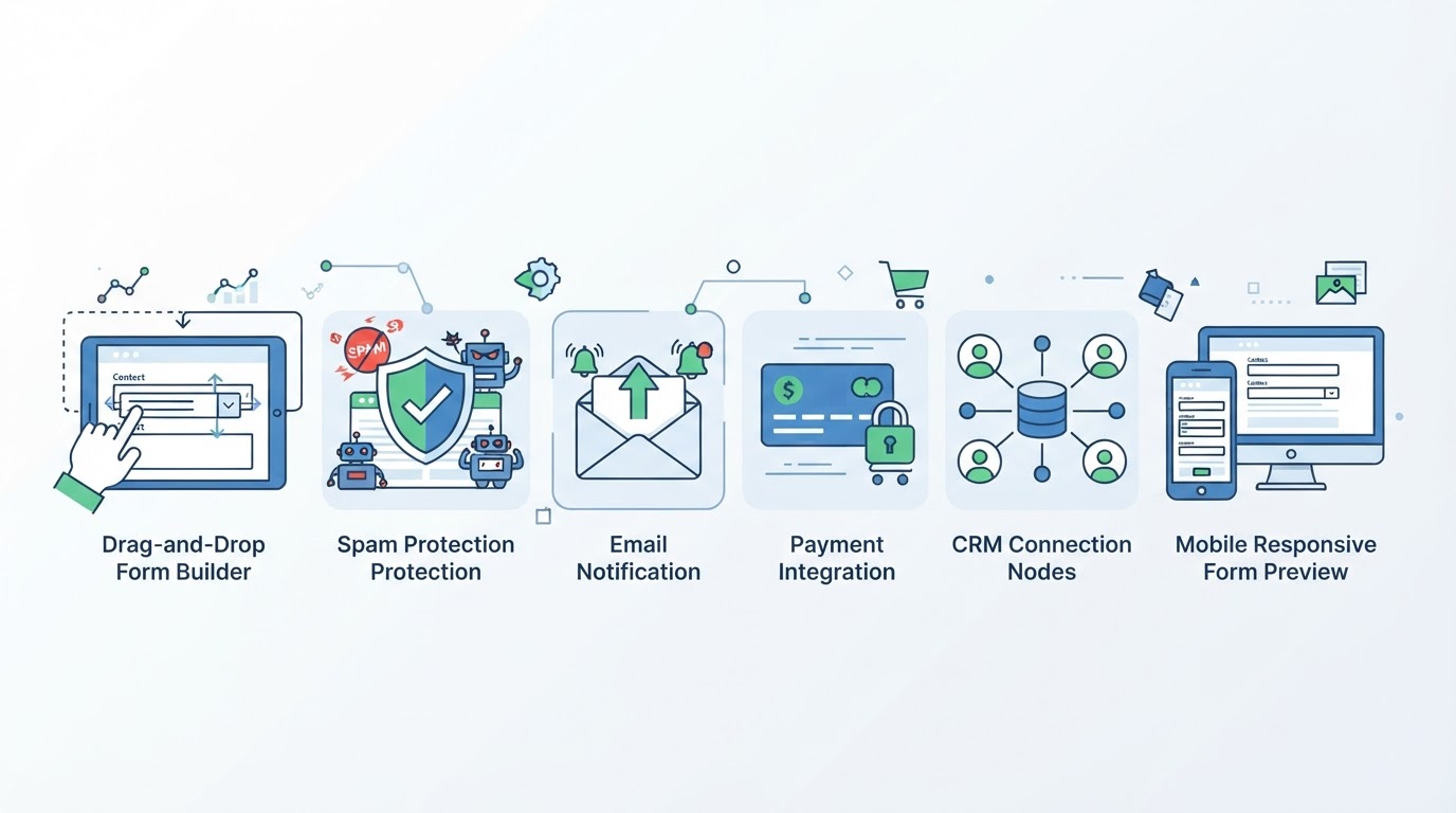 Illustration of essential WordPress form plugin features including form builder spam protection and integrations